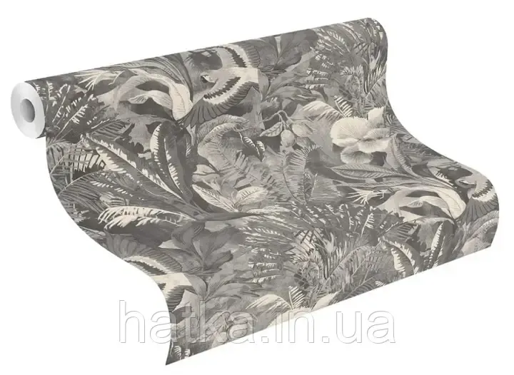 Шпалери вінілові на флізеліні Rasch Clasik 0,53х10 джунглі птиці пальми чорні сірі білі Київ - фото 3