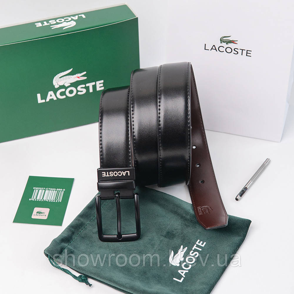Чоловічий шкіряний двосторонній ремінь із чорною пряжкою Lacoste (984) Київ - фото 1