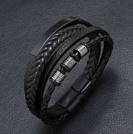 Чоловічий багатошаровий шкіряний браслет – чорний, 21 см Київ