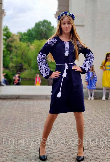 Натуральне лляне плаття вишиванка жіноча темно-синя блуза з вишивкою "Дерево життя" р.ХЛ-3ХЛ Кривий Ріг - фото 1