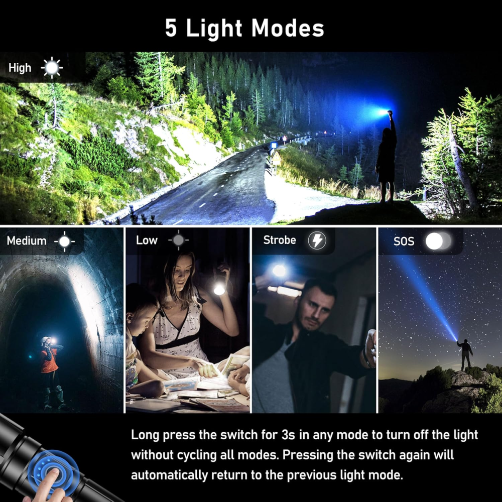 Ліхтарик акумуляторний Blukar LED, 5000 мАг, USB-C, 5 режимів, Zoom, до 24 годин, алюмінієвий, чорний Київ - фото 5