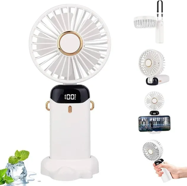 Акумуляторний міні-вентилятор 5 швидкостей з дисплеєм, підставкою-тримачем для смартфона, шнурком на шию Одеса - фото 3