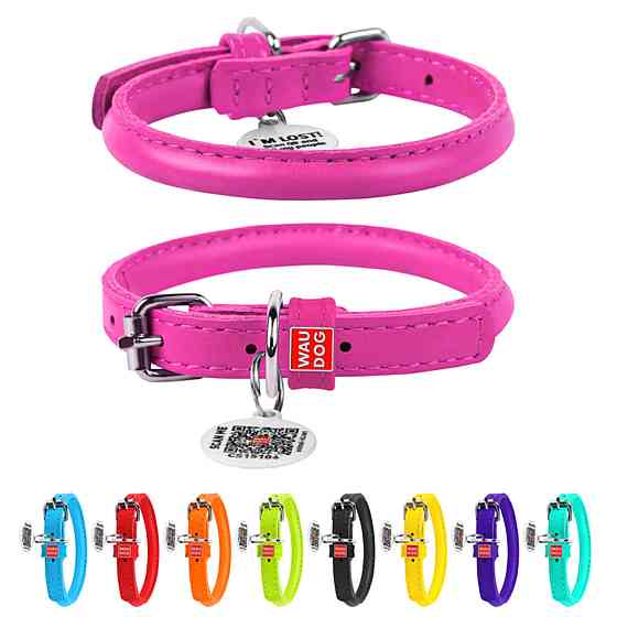 Ошейник для собак кожаный WAUDOG Glamour с QR паспортом, круглый, Д 8 мм, Длин 20-25 см розовый Киев