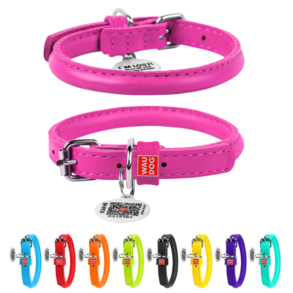 Нашийник для собак шкіряний WAUDOG Glamour з QR паспортом, круглий, Д 8 мм, Дов 20-25 см рожевий Київ - фото 1