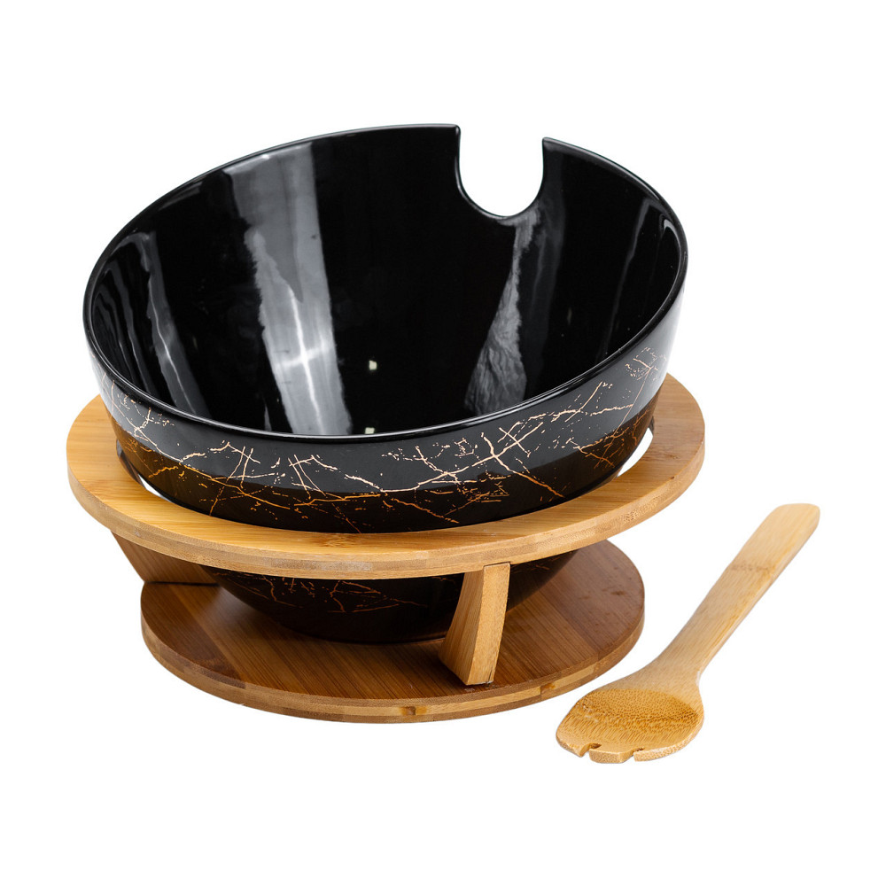 Салатница на бамбуковой подставке с ложкой Ø 25 см черная HP1245 Киев - изображение 2