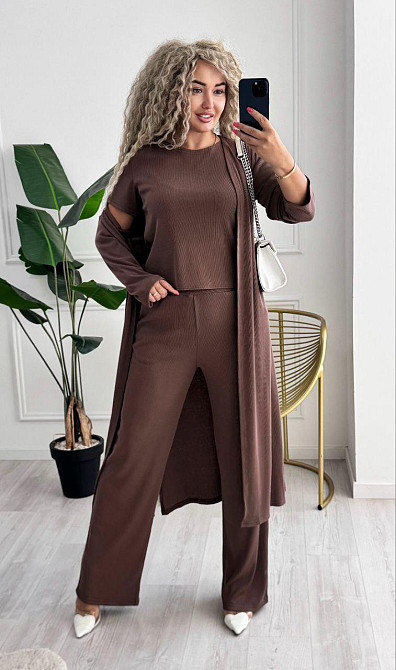 Жіночий базовий прогулянковий костюм-трійка: кардиган футболка та штани трикотажний рубчик Моко, 46/48 Одеса - фото 5