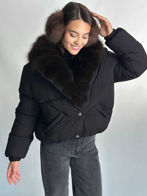 Жіноча куртка пуффер з натуральним хутром песця Чорний L Харків - фото 1