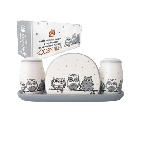 Набір ємностей для спецій Совушки (для солі/перцю/серветок+керам.підставка) 22*7*8,5см S&T 6912-18 Житомир - фото 1