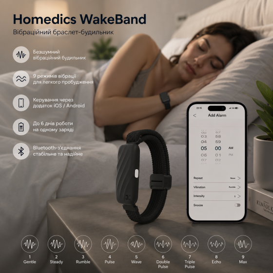 Вибрационный браслет-будильник Homedics WakeBand Black Bluetooth, бесшумный будильник, 9 режимов вибрации, приложение iOS/Android Киев
