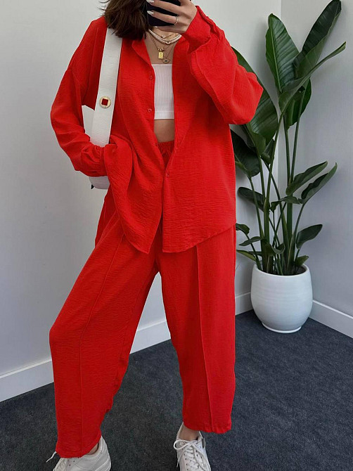 Женский легкий брючный костюм двойка: рубашка и брюки американский креп Красный, 42/44 Одесса - изображение 6