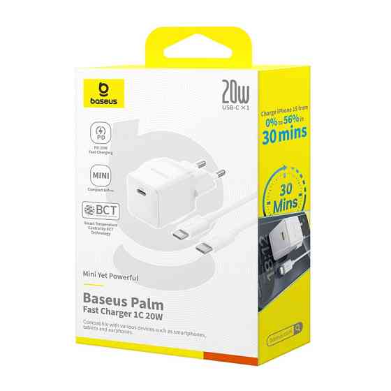 Сетевое зарядное устройство Baseus Palm Fast Charger 1C 20W EU Moon White (with Baseus Mini White Cable USB-C to USB-C 60W Одесса