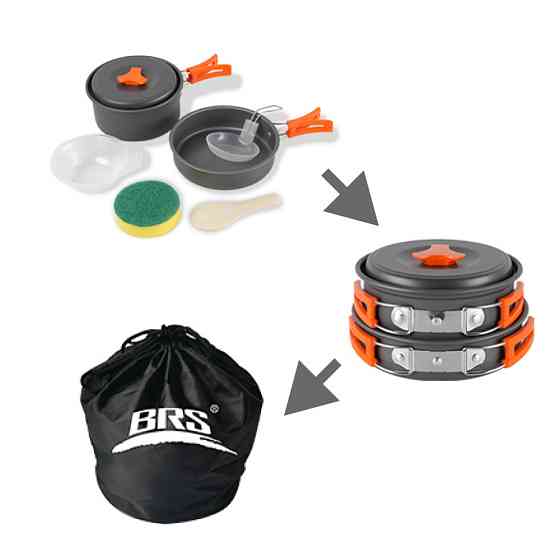 Набір туристичного посуду (каструля з кришкою, сковорідка, 2 тарілки, ложка, черпак та губка) BRS-151, алюміній Київ