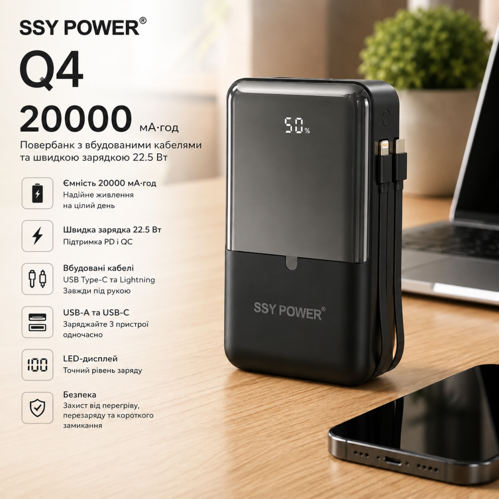 Повербанк SSY POWER Q4 20000 мА·ч 22.5 Вт, быстрая зарядка, встроенные кабели USB Type-C и Lightning, LED-дисплей, USB-A, USB-C Киев - изображение 3