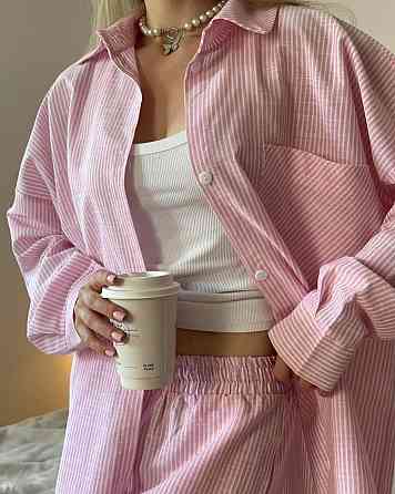 Женский стильный повседневный костм двойка лен- коттон полоска Одесса