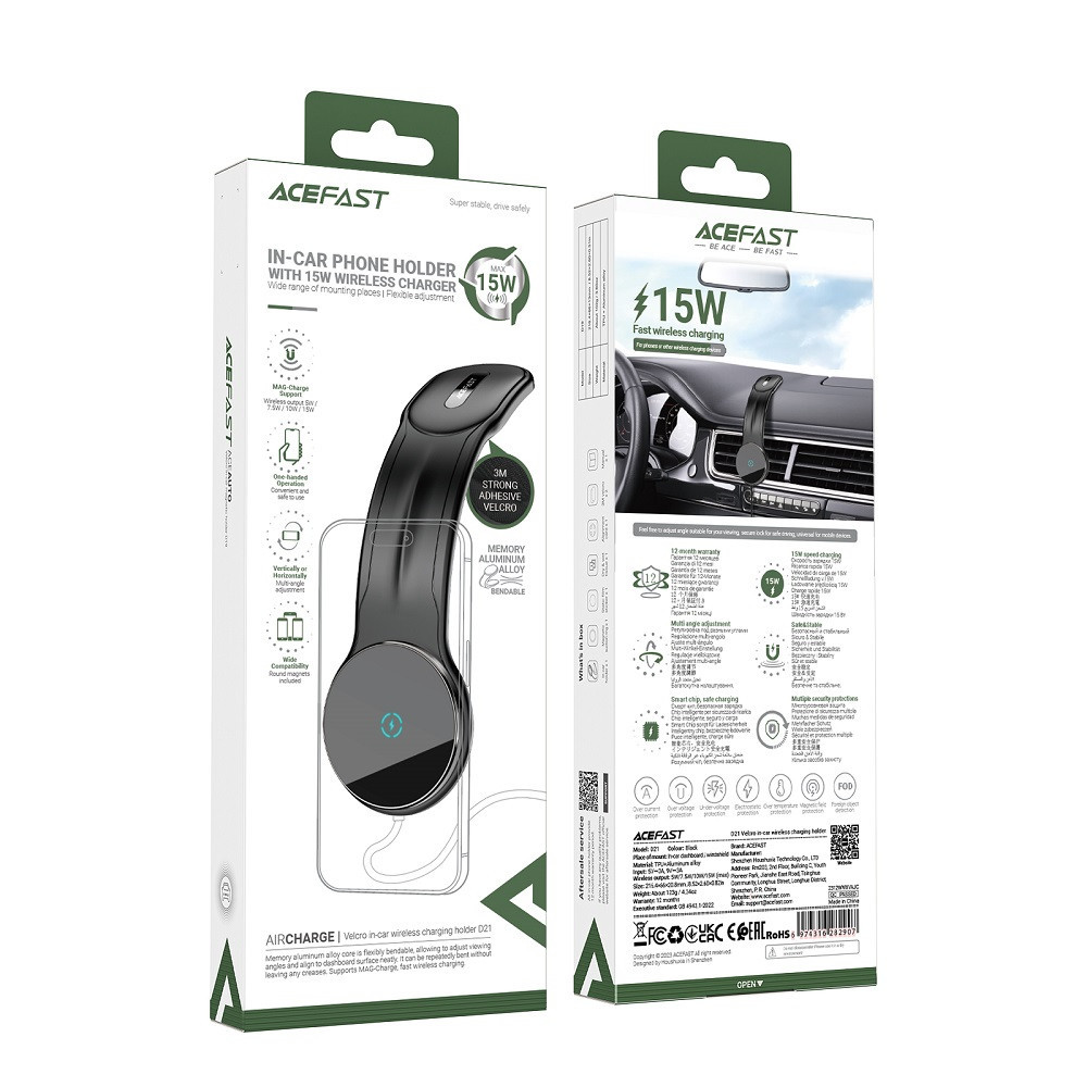 Автодержатель для телефона с БЗУ ACEFAST D21 Velcro in-car wireless charging holder Black Киев - изображение 2