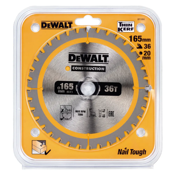 Диск пильний CONSTRUCTION DeWALT DT1950 : 165 х 20, 36Т, 7000 об/хв, ширина розпилу 1.86 мм, товщина полотна 1 мм Київ
