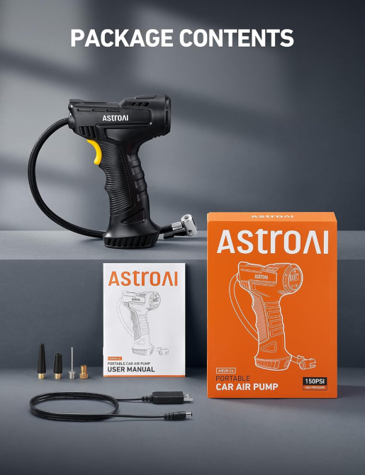 Беспроводной компрессор AstroAI C4 150 PSI, автостоп, цифровой манометр, LED, 4 адаптера, 450 г, для авто/мото/вело Киев - изображение 7