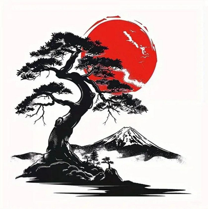 Виниловая Наклейка Японский Бонсай и Гора Фудзи 10*10 cм. Киев - изображение 1