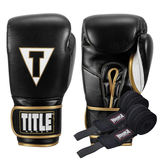 Боксерські рукавиці TITLE Boxeo Mexican Leather Quatro Black/White 12 oz (бинти 4м. в комплекті) Кам'янське - фото 1