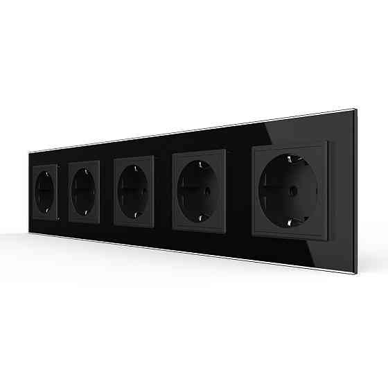 LIVOLO П’ятимісна електрична розетка з заземленням LIVOLO, чорна, скляна матова рамка, шторки, Коломыя