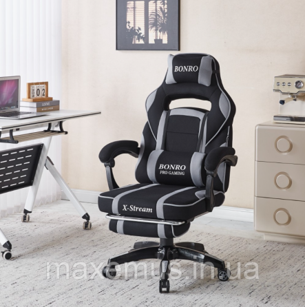 Компьютерное кресло для геймера из ткани с подставкой для ног и регулировкой спинки B-141 черно-серое Мостиска