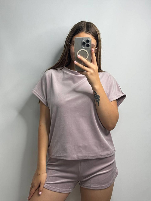 Піжама-комплект (футболка+шорти+штани) з плюшевого велюру Пудровий XXL Харків - фото 4