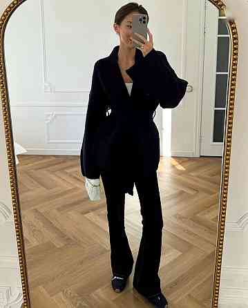 Женский теплый трикотажный оверсайз кардиган с поясом ангора рубчик Одесса