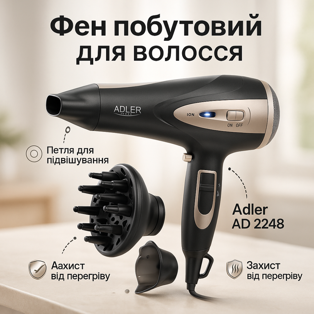 Фен для волосся 2 режими температури Adler, Фен для укладання середнього волосся практичний WZ-78 Львів - фото 4
