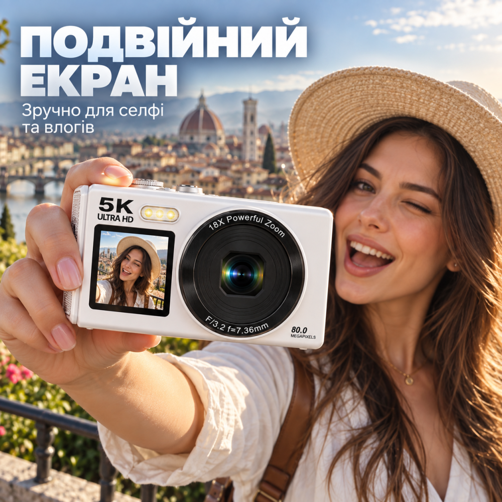 Цифрова камера 5K 80 МП Wi-Fi з подвійним екраном, EIS, 18x Zoom, 2 акумулятори + карта 64 ГБ, біла Київ - фото 3