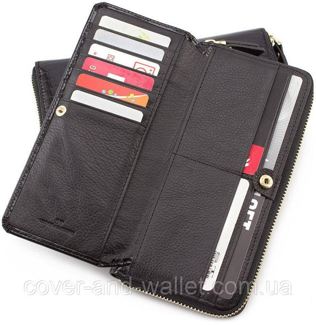 Чорний лаковий жіночий гаманець на змійці з блоком для карток S7001A Black Київ - фото 7