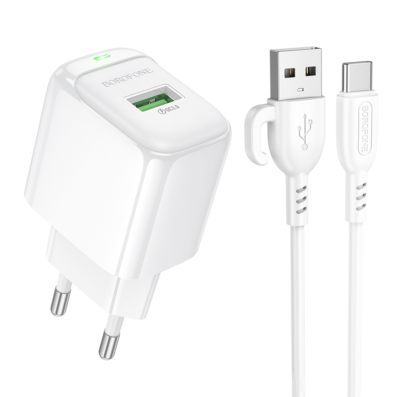 Мережевий зарядний пристрій з кабелем BOROFONE BAS42A Potential single-port QC3.0 charger set(Type-C) 18W White Одеса - фото 1