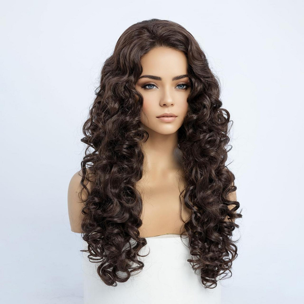 Перука жіноча довга кучерява термостійка 60 см каштанова, коричнева, синтетичне волосся для косплею, свят, Геловіну Київ - фото 2