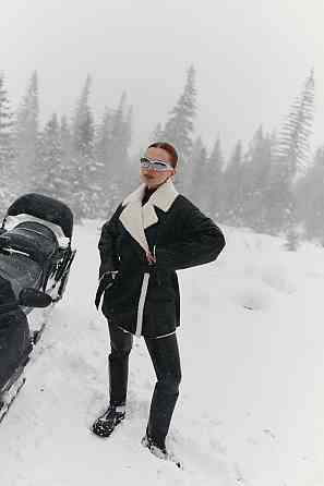 Женская стильная двубортная дубленка под пояс Черный, 42/44 Одесса