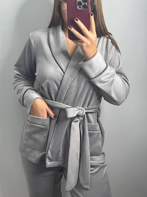 Домашний костюм на запах с поясом Серый S Харьков - изображение 1