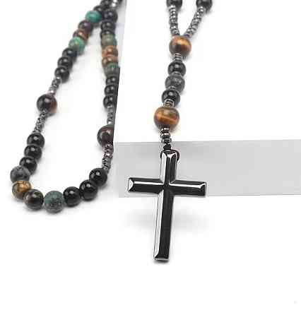 Винтажное ожерелье с крестом из африканской яшмы, тигрового глаза и черного агата Киев