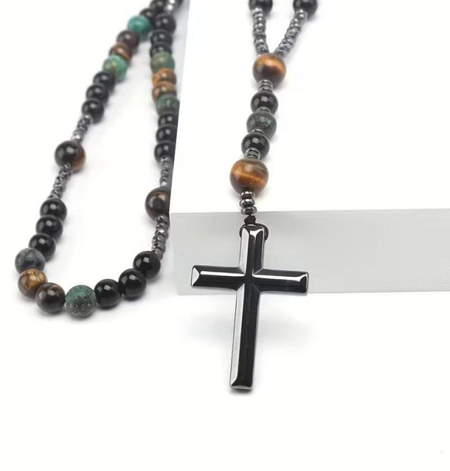 Винтажное ожерелье с крестом из африканской яшмы, тигрового глаза и черного агата Киев - изображение 3