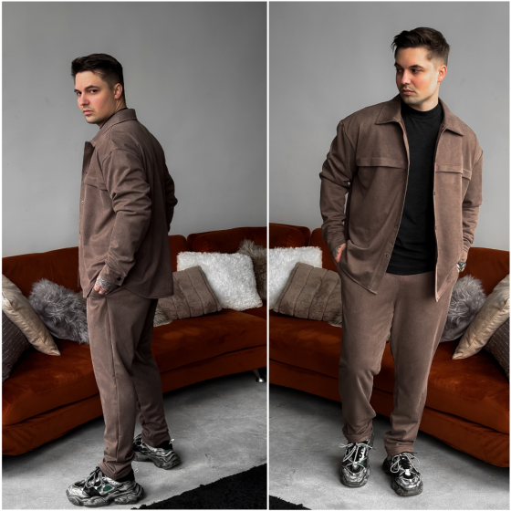 Чоловічий костюм Casual сорочка і штани Оверсайз замш котон весна/осінь SANE коричневий Одеса