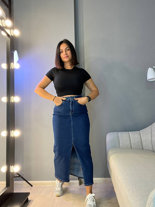 Спідниця жіноча Zeo Basic 3805 джинсова розріз з попереду довга стрейчева синій, синій, 34 Київ - фото 11