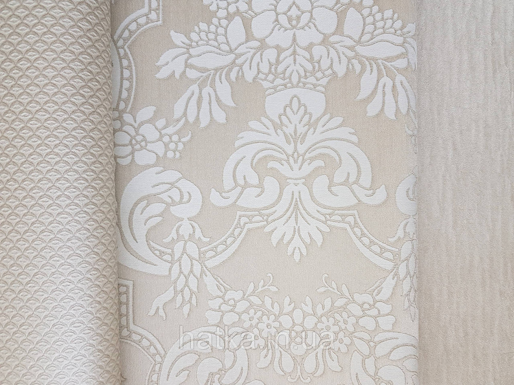 Шпалери вінілові на флізеліні Rasch Trianon Xlll 0.53х10 класика структурні вензелю квіти білі на бежевому Київ - фото 2