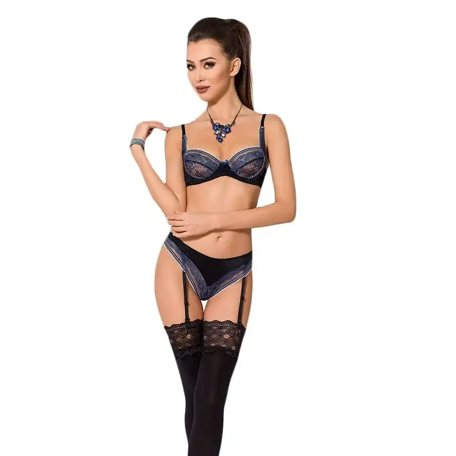 Комплект белья Passion Exclusive GISELE SET L/XL, black, лиф, трусики с пажами Львів - фото 1