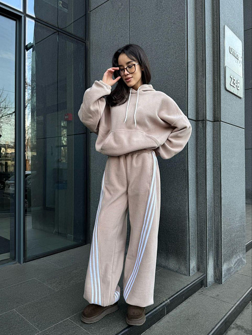 Женский теплый костюм двойка с лампасами из турецкого флиса Бежевый, 42/44 Одесса - изображение 5