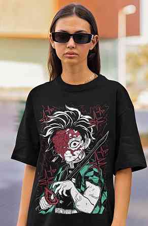 Футболка з аніме принтом Вбивця демонів оверсайз (S/M/L) Чорний AnimeJ1168 Дніпро