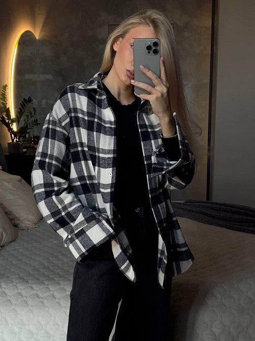 Женская базовая теплая клетчатая рубашка турецкий кашемир синий-белый Одесса - изображение 1