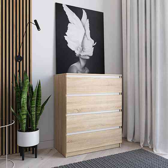 Комод VAYS R-4 Дуб Сонома-Білі планки, на 4 шухляди без ручок, ЛДСП 80×40×98 см – для дому, офісу, вітальні, спальні Львів