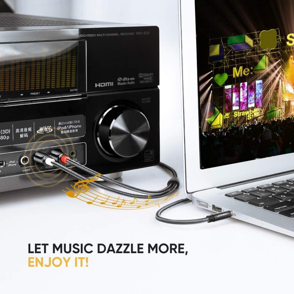 Аудіо кабель 2 RCA Jack 3.5 AUX Hi-Fi Ugreen AV116 (Чорний з сріблястим, 1м) Николаев - изображение 4