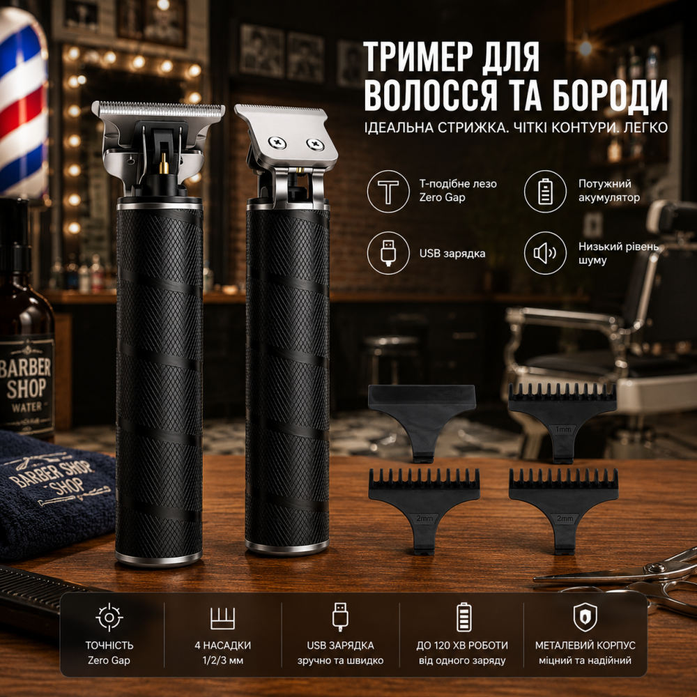 Тример для волосся та бороди Skeleton USB, акумуляторна машинка для стрижки, T-подібне лезо Zero Gap, чорний Київ - фото 10