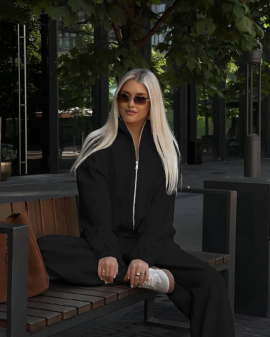 Женский теплый базовый костюм двойка в спортивном стиле трехнить на флисе Черный, 46/48 Одесса - изображение 1