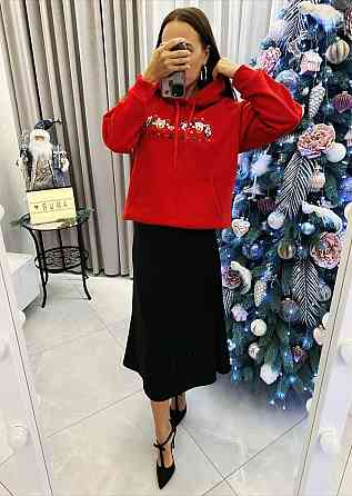 Женская теплая новогодняя худи оверсайз кроя трехнитка на флисе Красный, 48/52 Одесса