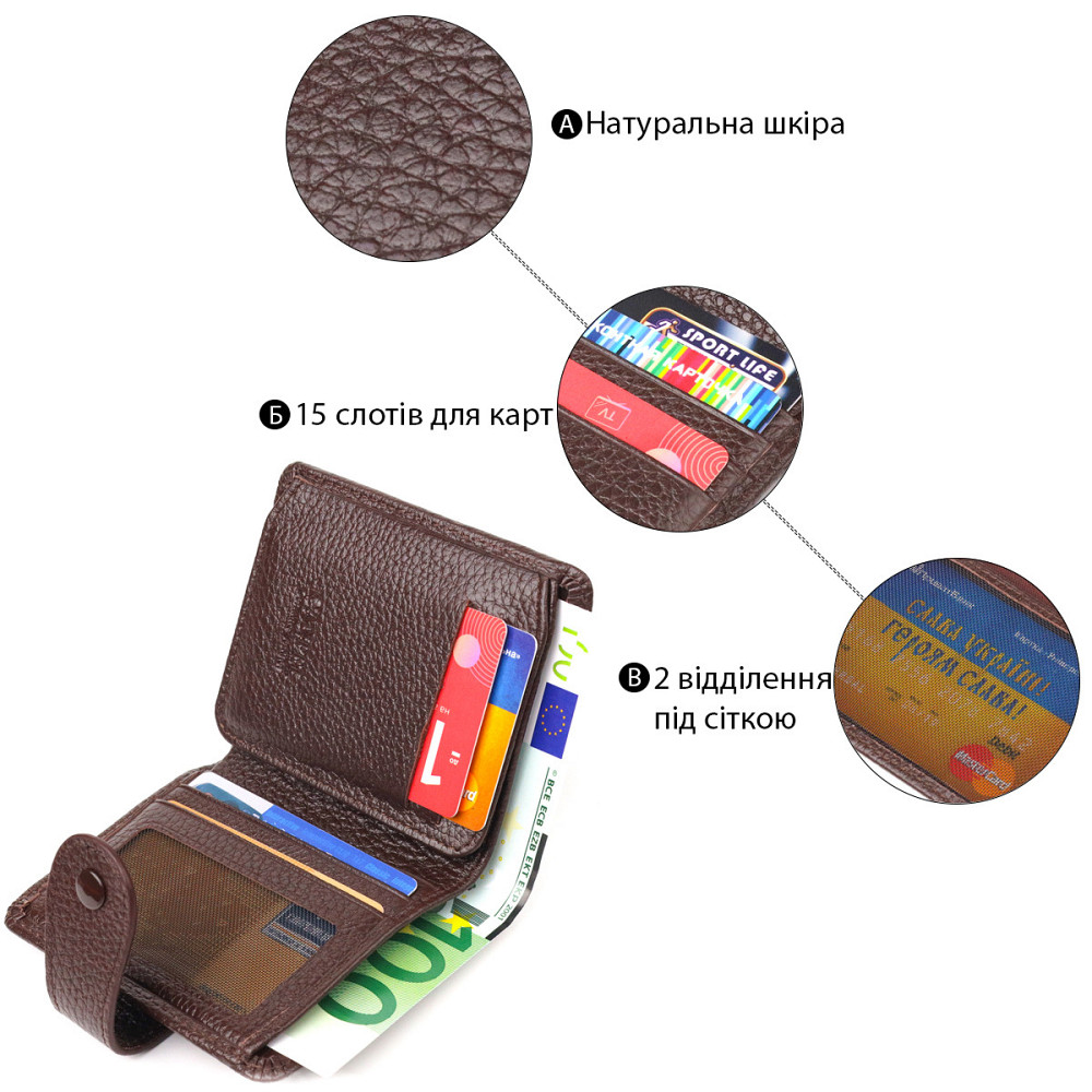 Компактный кошелек для мужчин из натуральной зернистой кожи CANPELLINI 21686 Коричневый Киев - изображение 4