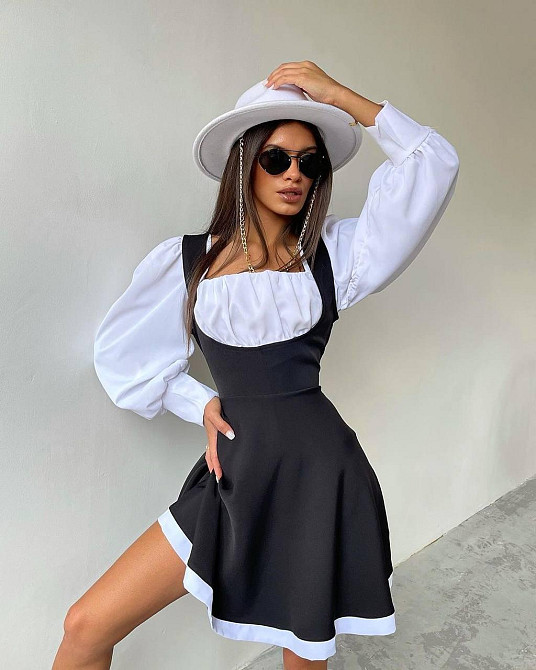 Женский сдержанный костюм двойка: блуза и сарафан в классическом стиле крепдайвинг + котон 46/48 Одесса - изображение 6